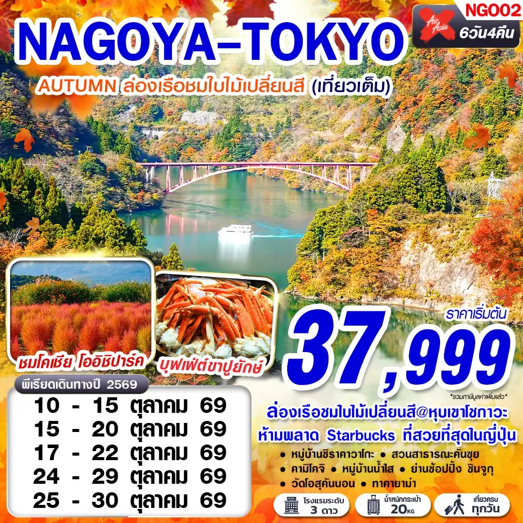 ทัวร์ญี่ปุ่น NAGOYA-TOKYO AUTUMN เที่ยวเต็มอิ่ม (เที่ยวเต็ม) 6วัน 4คืน (XJ)