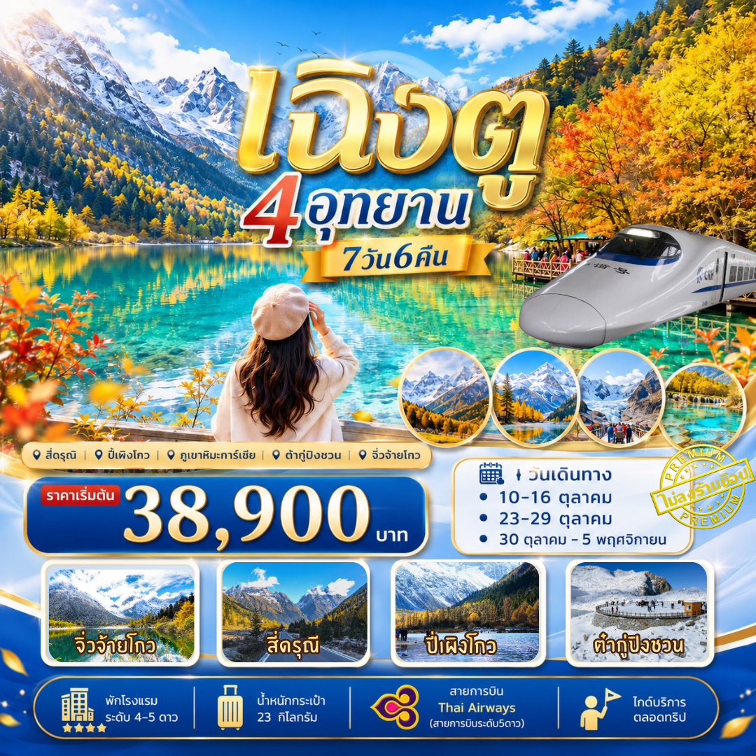 ทัวร์จีน ทัวร์เฉิงตู เที่ยว4อุทยาน สี่ดรุณี ปี่เผิงโกว ต๋ากู่ปิงชวน จิ่วจ้ายโกว 7วัน 6คืน (TG)